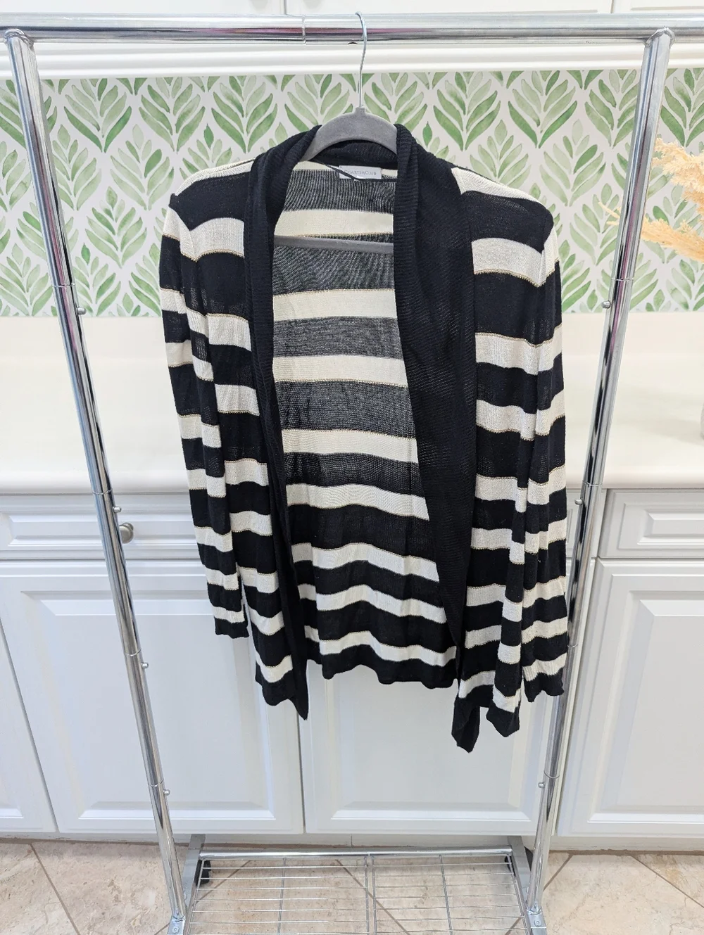 Striped Open-Front Cardigan Black and Cream Charter Club Large Metallic Stripes